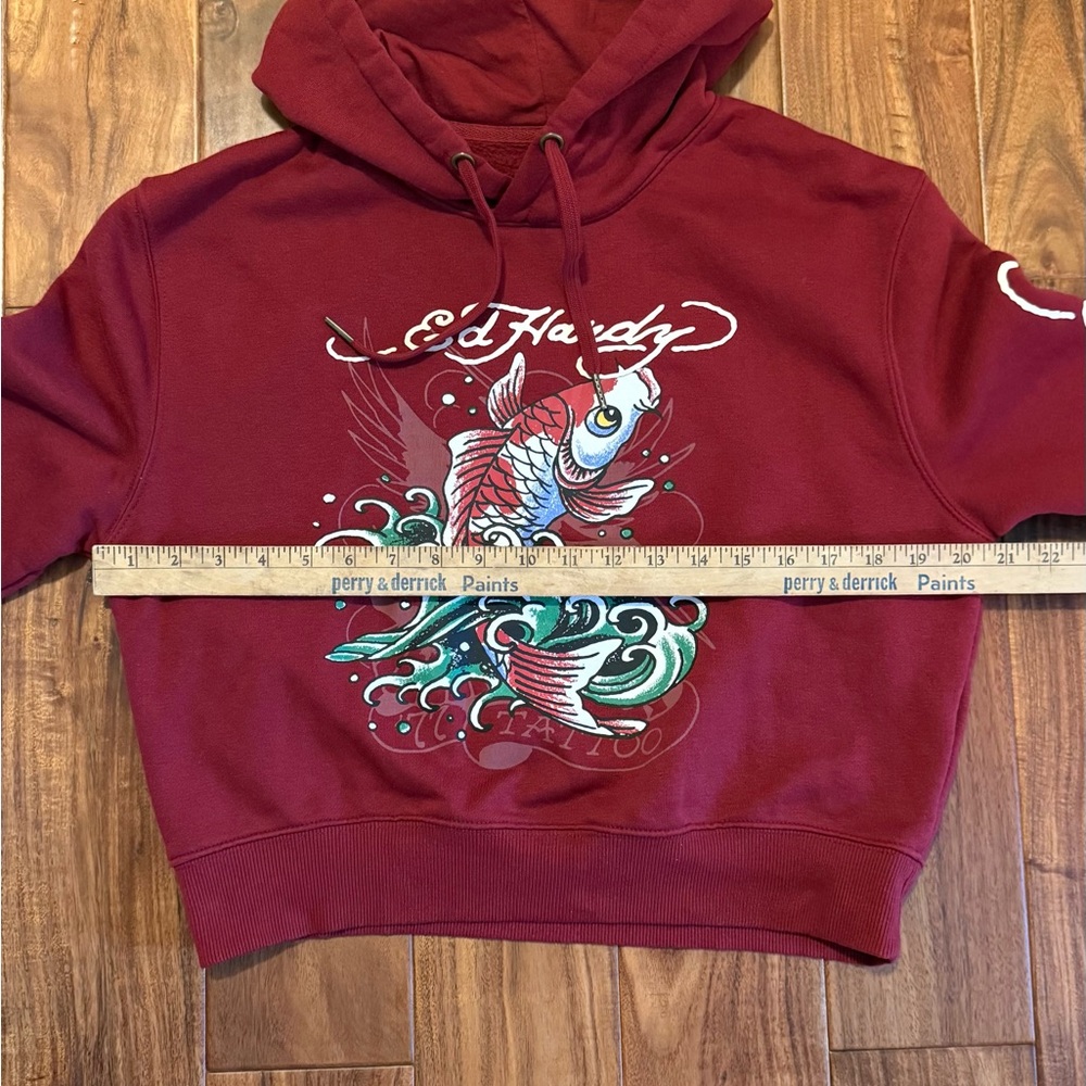 Ed Hardy Women's Cropped Retro Koi Fish hoodie in Burgundy/Maroon/Wine size L - Picture 8 of 11